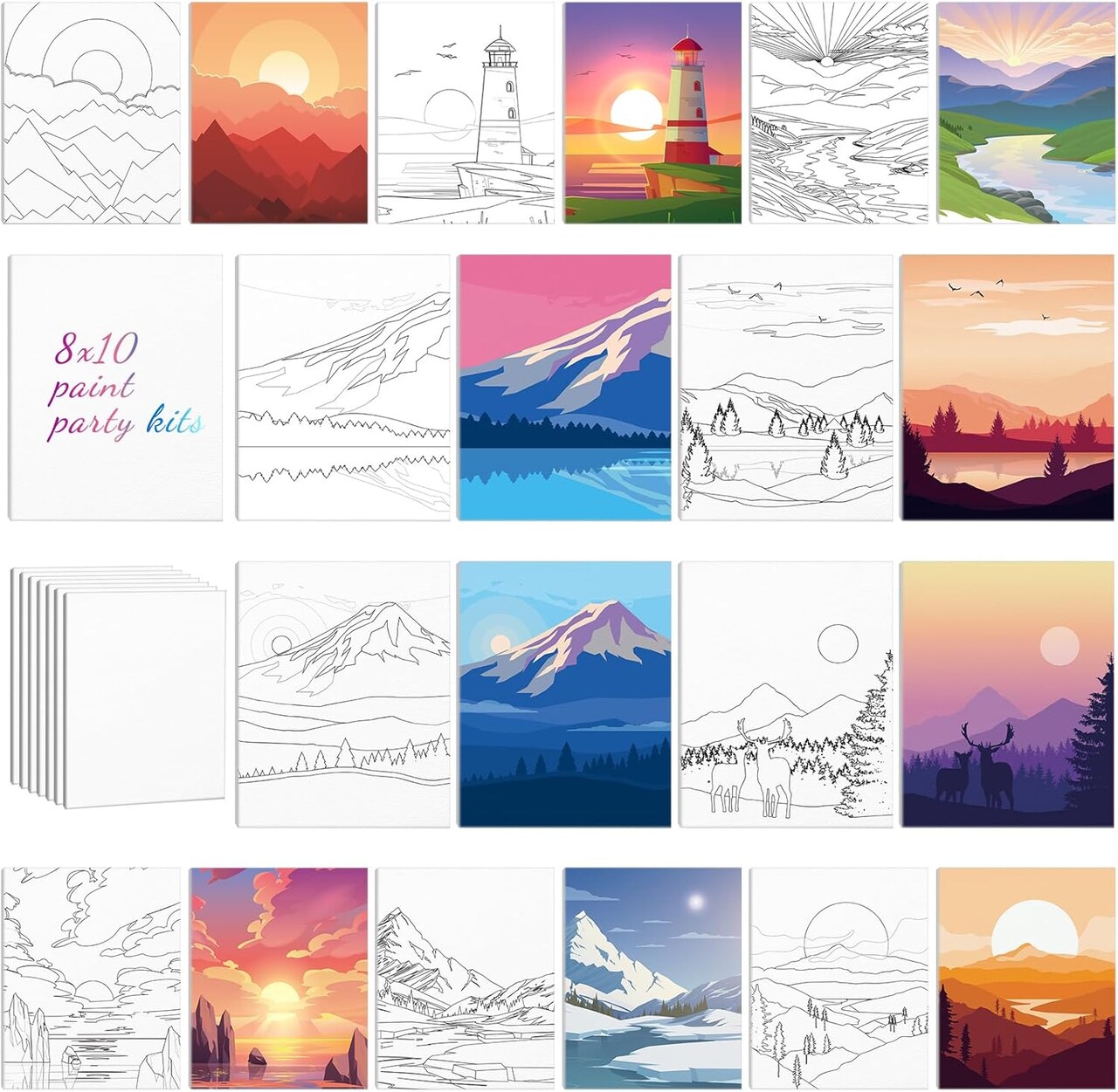 10-Pack Landscape Pre-Drawn Canvas Painting Kit – 8x10 Inch Pre-Printed Sip & Paint Boards for Adults, Beginner-Friendly DIY Art Party Supplies with African Women Designs